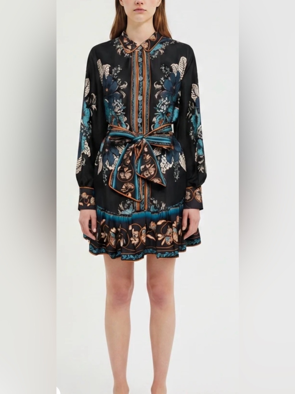 FARM RIO Blossom Tapestry Black Floral Tie-Waist Shirt Dress